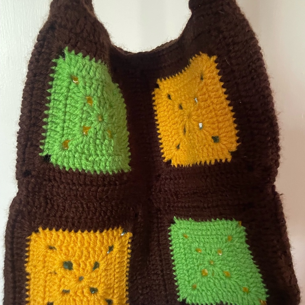 Handcrafted Brown Tote with Green and Yellow Accents